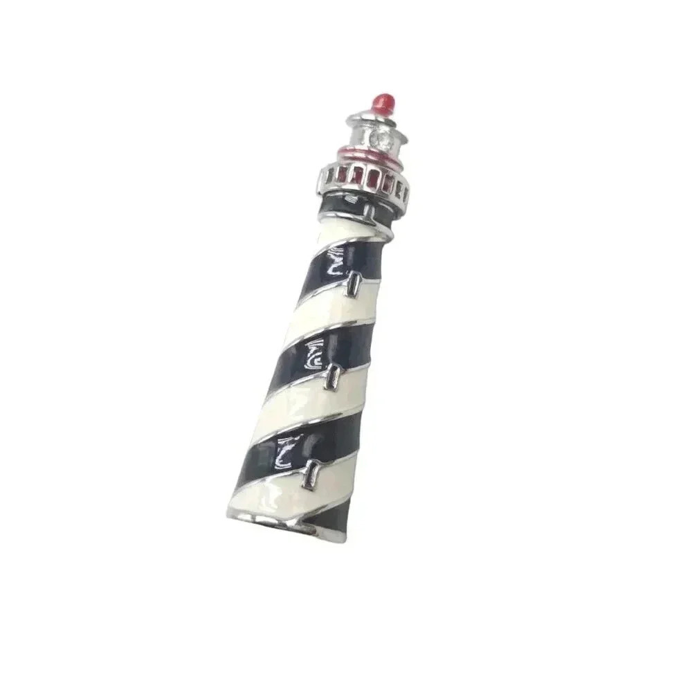 Navy Blue White Red Enamel Lighthouse Brooch Pin Silver Tone Vintage P.S. CO